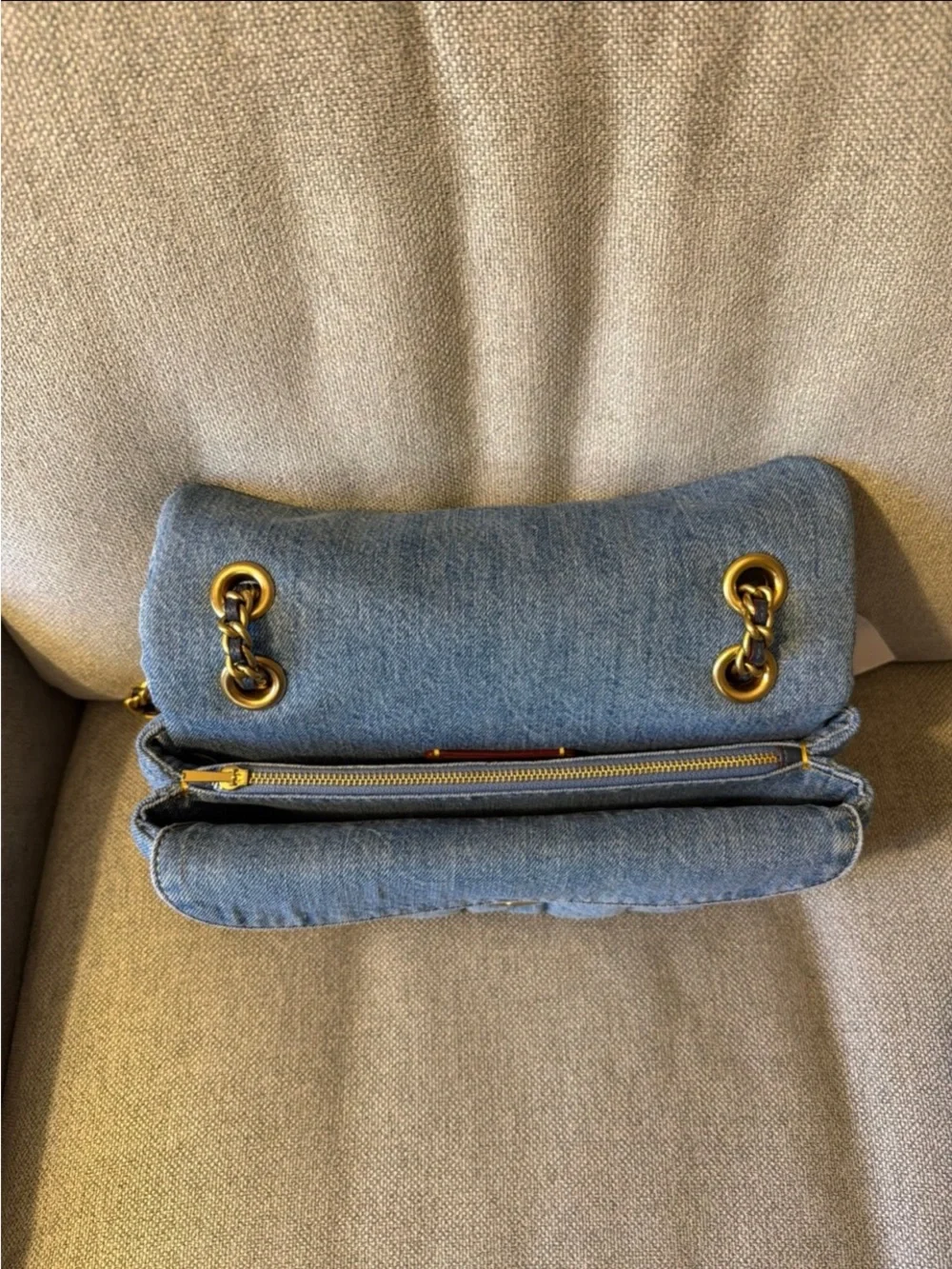 Coach Quilted Denim Shoulder Bag with Gold Chain - Light Blue 26 size